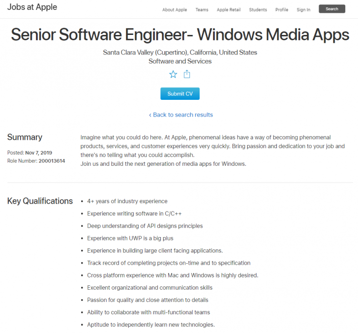 Apple ประกาศรับสมัคร Software Engineer เพื่อมาพัฒนา Media Apps บน Windows