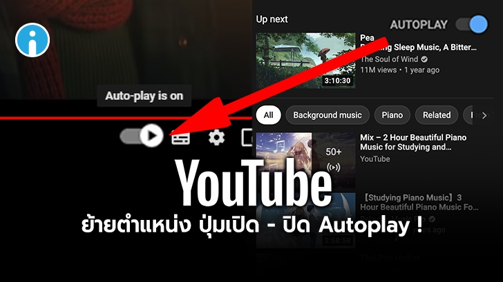 YouTube ทดลองปรับ UI ใหม่ ย้ายปุ่มการเปิด - ปิด Autoplay ลงมาด้านล่างกรอบวิดีโอแทน