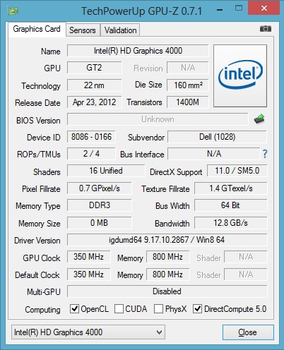 ผลทดสอบ GPU-Z Intel Dell Vostro 5460