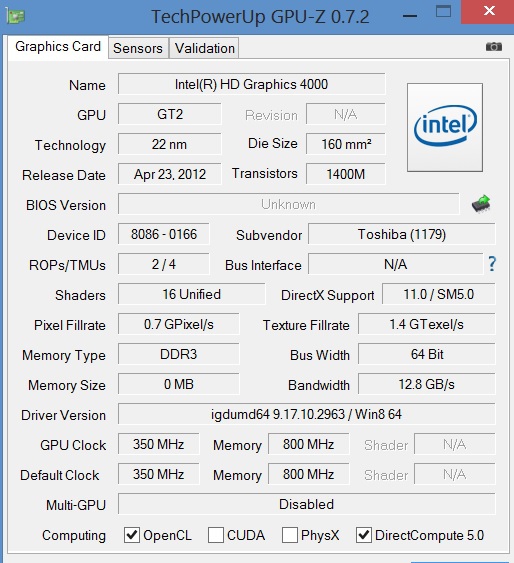 ข้อมูล GPU หรือการ์ดจอออนบอร์ดรุ่น Intel HD Graphics 4000