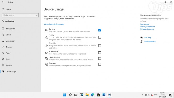 ตัวเลือกการตั้งค่าใหม่ Device Usage ของ Windows 11