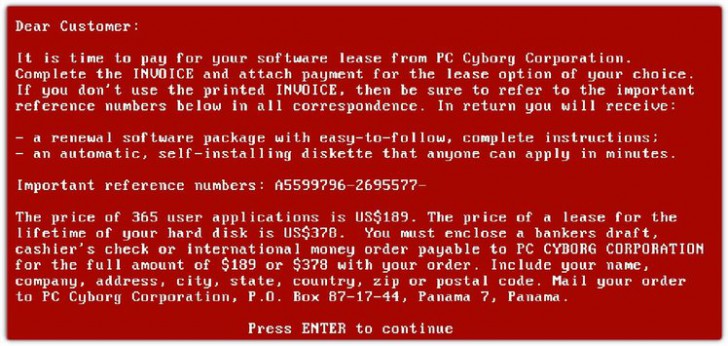 ข้อความจาก มัลแวร์เรียกค่าไถ่ ตัวแรกของโลก (First Malware in the World)