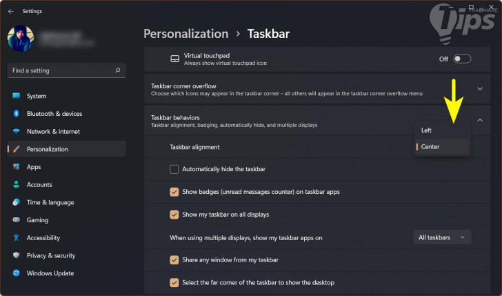 ทาส์กบาร์กลางหน้าจอ (Center Taskbar) ของ Windows 11