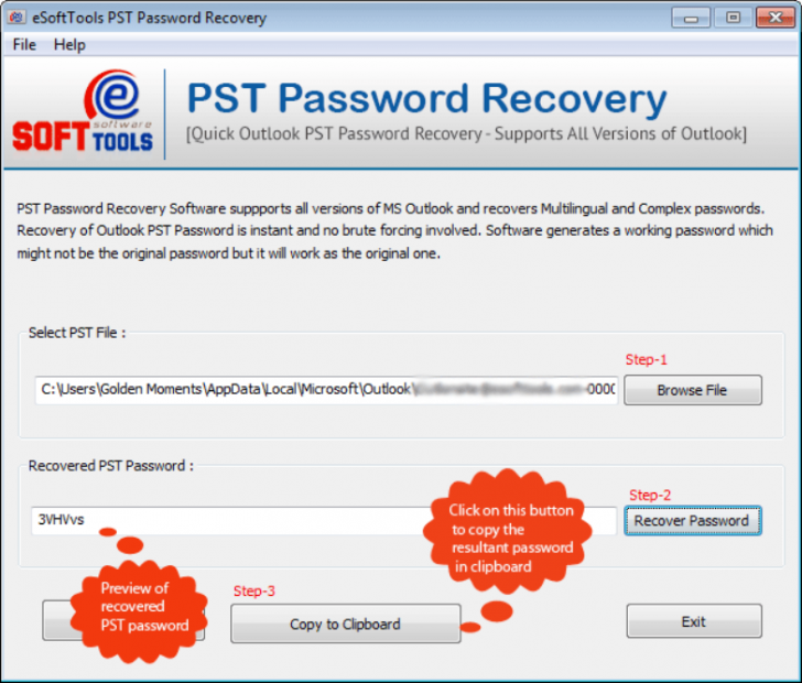 โปรแกรมกู้รหัสผ่านไฟล์ข้อมูลเอาต์ลุก eSoftTools PST Password Recovery