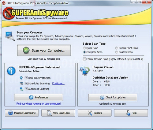 SUPERAntiSpyware (โปรแกรม SUPERAntiSpyware กําจัดสปายแวร์ Free ) : 
