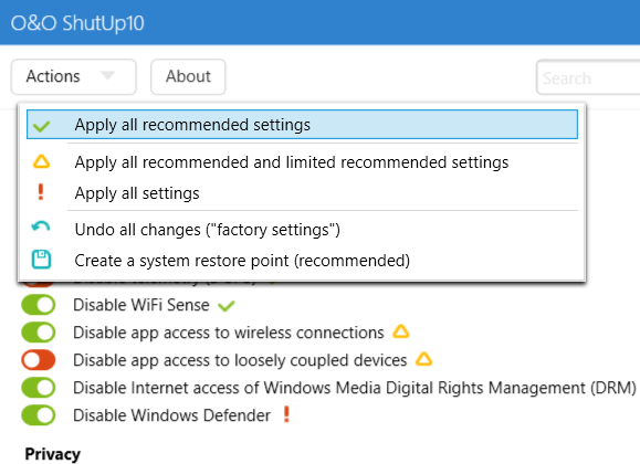 O and O ShutUp10 (ตั้งค่าความปลอดภัย ความเป็นส่วนตัว Windows 10) : 