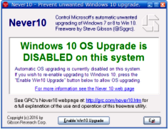 Never 10 (โปรแกรม Never 10 ป้องกันอัพเดท เป็น Windows 10) : 