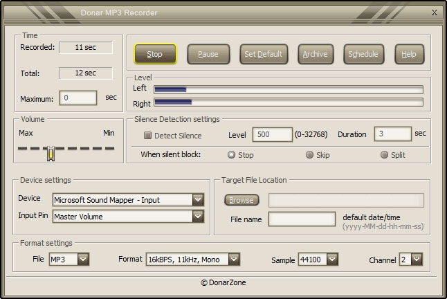 Donar MP3 Recorder (โปรแกรม Donar MP3 Recorder อัดเสียง บันทึกเสียง ตั้งเวลาได้) : 