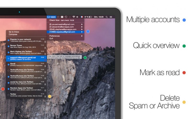 Mia for Gmail (โปรแกรม Mia for Gmail เปิดจีเมล์ เช็คข้อความ ผ่านเมนูบาร์ บน Mac ฟรี) : 