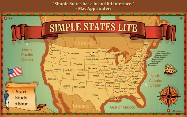 Simple States Lite (โปรแกรม Simple States Lite เรียนรู้ ภูมิศาสตร์ รัฐของสหรัฐ บน Mac) : 