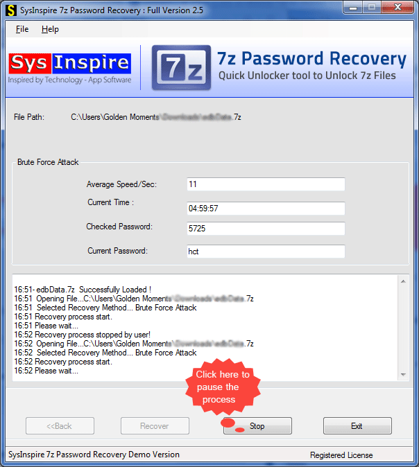 SysInspire 7z Password Recovery (โปรแกรมกู้รหัสผ่านไฟล์ 7z ฟรี) : 
