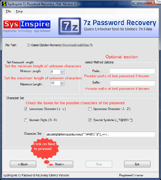 SysInspire 7z Password Recovery (โปรแกรมกู้รหัสผ่านไฟล์ 7z ฟรี) : 