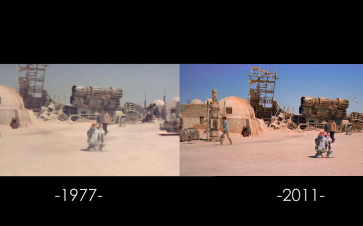 ฝั่งซ้ายคือ Star Wars: A New Hope ภาคต้นฉบับ (1977) ส่วนฝั่งขวาคือฉบับรีมาสเตอร์