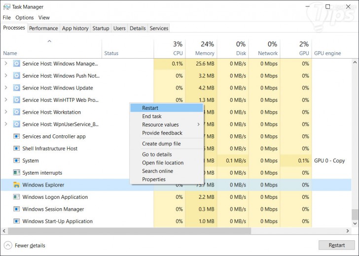 ใช้ Task Manager เพื่อรีสตาร์ท Windows Explorer