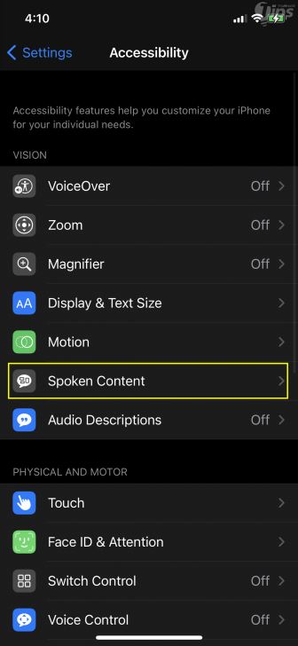 ใช้งานคุณสมบัติอ่านเนื้อหา (Use Spoken Content Features)