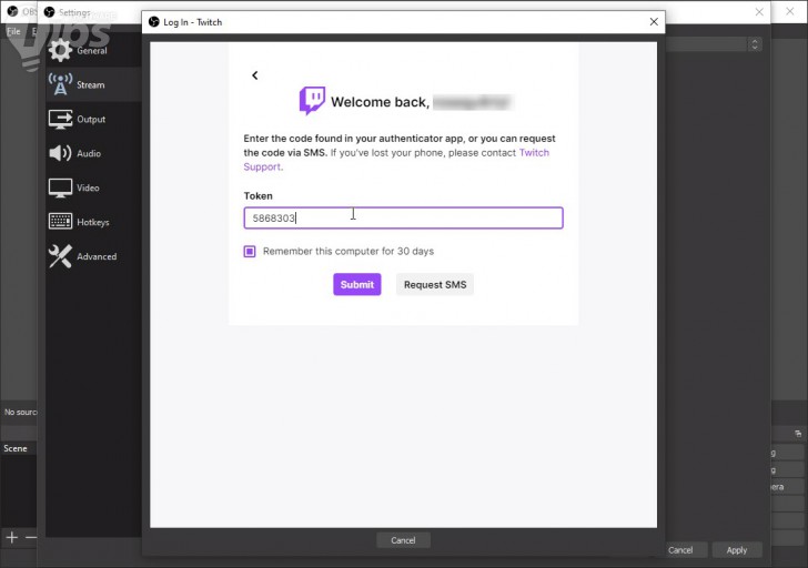 หน้าจอการเชื่อมต่อบัญชี Twitch กับ โปรแกรม OBS Studio