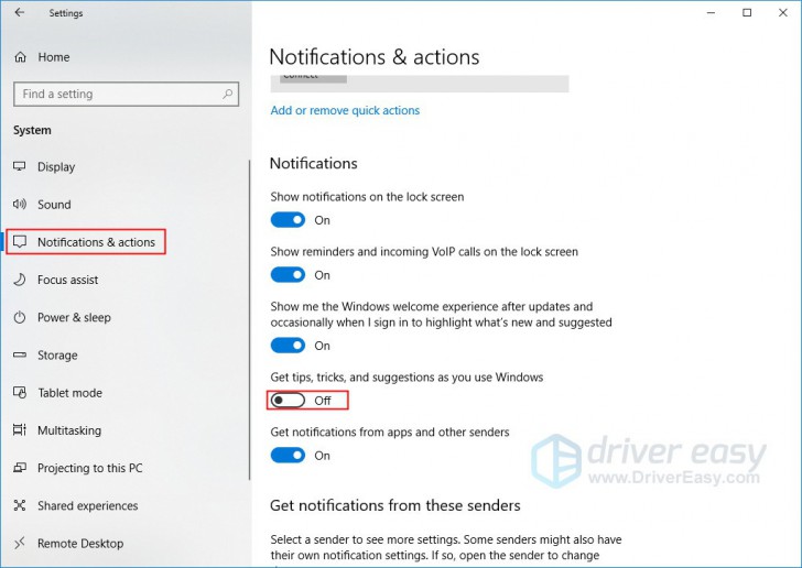 หน้าจอ Notifications & Actions ใน Windows Settings ของ Windows