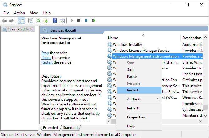 หน้าจอรีสตาร์ท Services ของ Windows Management Instrumentation บน Windows