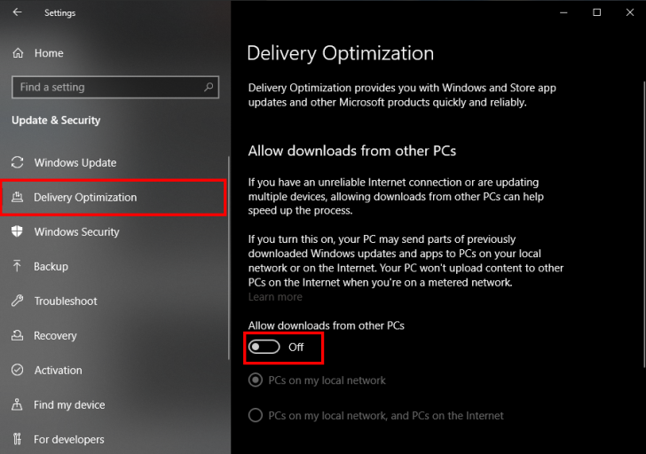 หน้าจอ Delivery Optimization ในเมนู Update and Security บน Windows