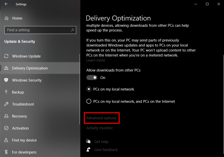 หน้าจอ Delivery Optimization ในเมนู Update and Security บน Windows