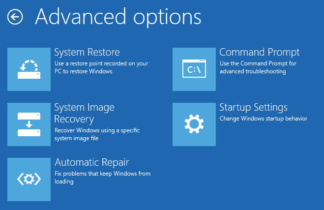 หน้าจอตั้งค่า Advanced Options ของ Windows 10