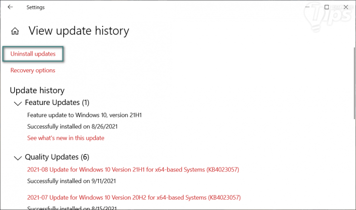 หน้าจอแสดงประวัติการอัปเดตวินโดวส์ (Windows Update History Screen)