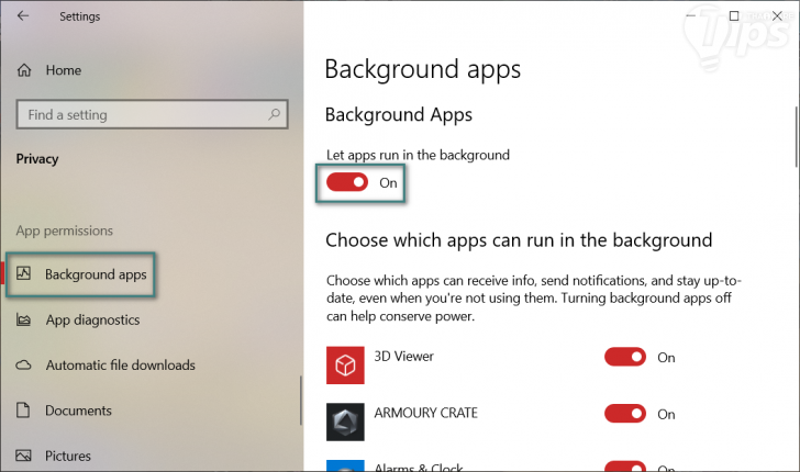 หน้าจอเปิด Background Apps บน Windows 10