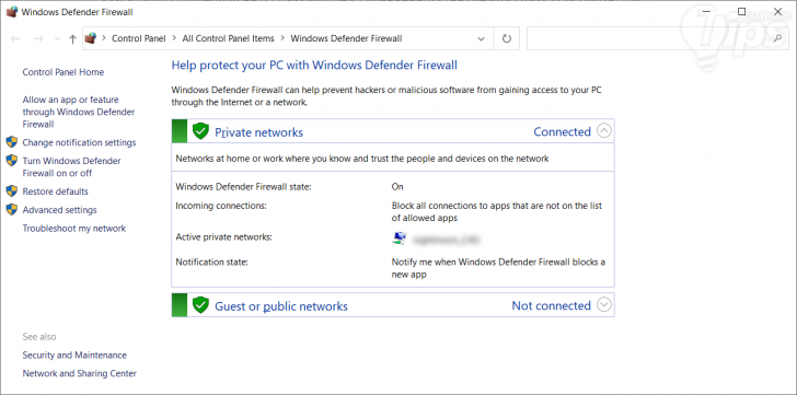 หน้าจอเปิด และตั้งค่า Windows Defender Firewall