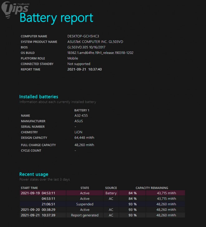รายงานประสิทธิภาพของแบตเตอรี่ (Battery Performance Report)