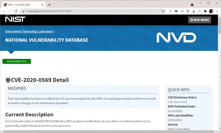 ข้อมูลบนฐานข้อมูล CVE ของ National Vulnerability Database (NVD)