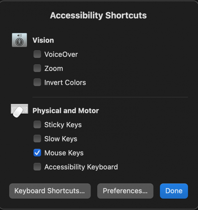รูปภาพหน้าต่าง Accessibility Shortcuts