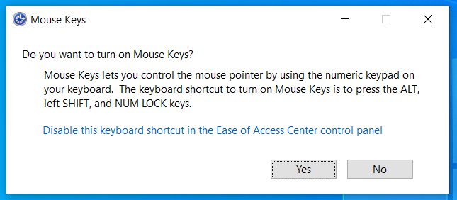หน้าจอถามคำถามว่าต้องการเปิดการใช้งาน Mouse Keys หรือไม่ ? บน Windows 11