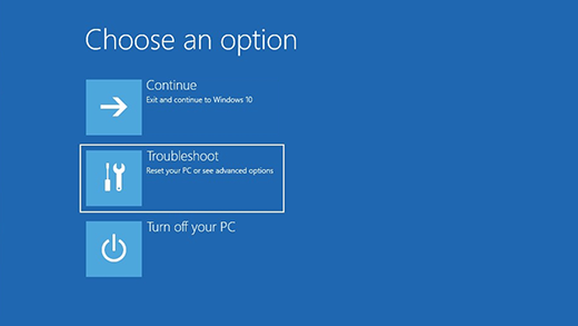 หน้าจอเลือกตัวเลือก (Choose an Option) ของ Windows Recovery Environment (winRE) บนระบบปฏิบัติการ Windows