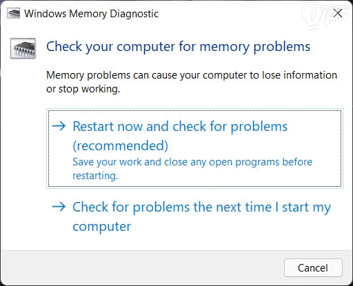หน้าจอ Windows Memory Diagnostic ของระบบปฏิบัติการ Windows