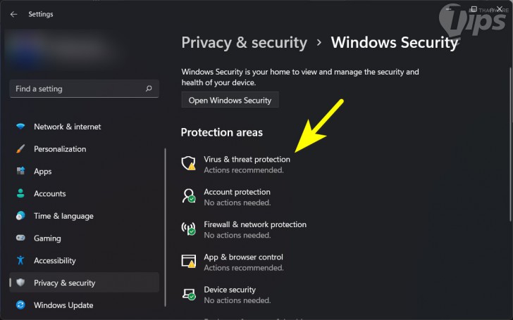หน้าจอ Privacy and Security ในระบบปฏิบัติการ Windows