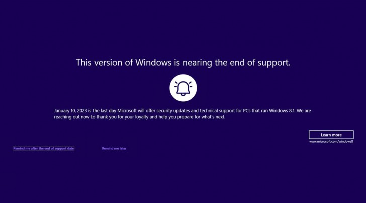 หน้าต่างแจ้งเตือนการยุติสนับสนุนระบบปฏิบัติการ Windows 8.1