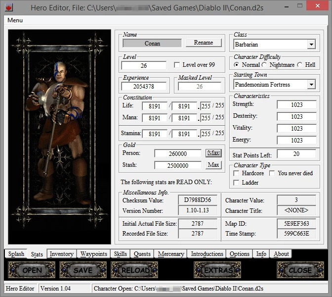 โปรแกรม Hero Editor ที่พัฒนาขึ้นมาเพื่อแก้ไขเซฟตัวละครของเกม Diablo II