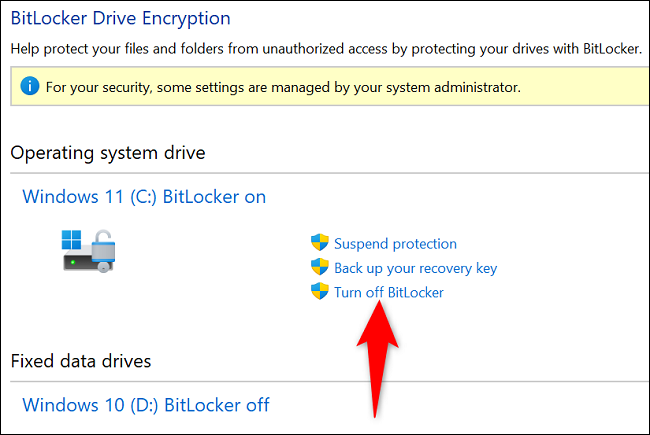 ปิด BitLocker หรือนำการเข้ารหัสออก (Turn Off BitLocker or Remove Encryption)