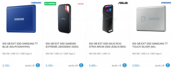 ราคาของ SSD แบบพกพา ของเว็บ Advice.co.th