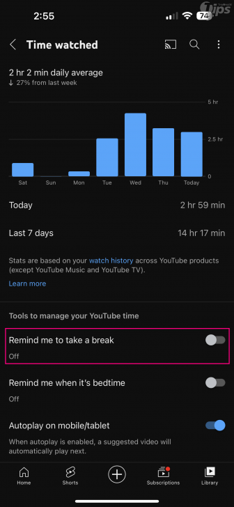 ตั้งเวลาแจ้งเตือนให้พักจากการชมยูทูบ (Set a reminder time to take a break from watching YouTube)