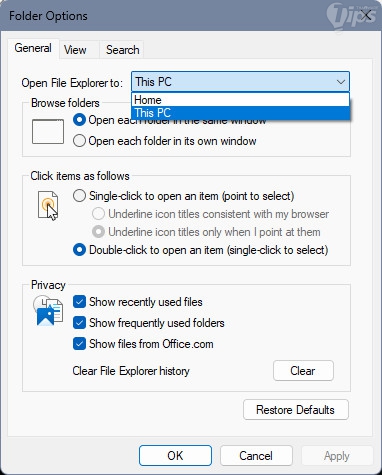 กำหนดให้ File Explorer เริ่มต้นทำงานที่ This PC (Set File Explorer to open to This PC)