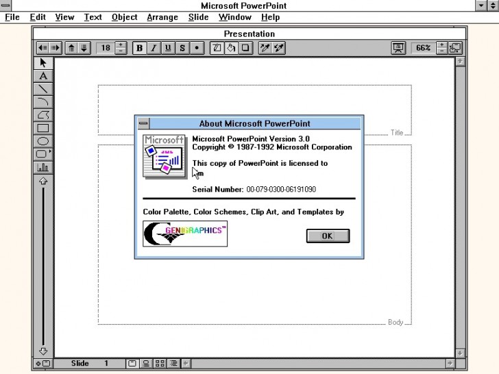 โปรแกรม Microsoft PowerPoint 3.0 ที่ลงบนระบบปฏิบัติการ Windows 3.0