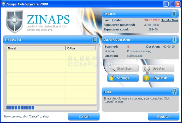 โปรแกรม ZINAPS ANTISPYWARE 2008